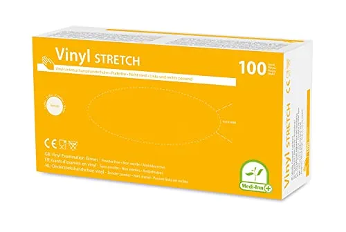 Medi-Inn+ Vinyl Stretch puderfrei Einmalhandschuhe Größe L | 100 Stück | Vinylhandschuhe in praktischer Spenderbox