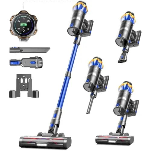 Akku Staubsauger 45000Pa/550W/65Min, 1,6L Staubsauger Kabellos mit Display, Anti-Tangle-Bürste, Selbststehend, Wandladestation, 8-Schicht-Filtration, Ultraleise, für Tierhaare/Teppiche/Hartböden/Auto