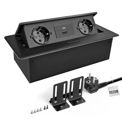 JACEPFY Versenkbare Steckdose Einbausteckdose mit PD20W USB-C Schnellladefunktion Tischsteckdose für Schreibtisch Küchenarbeitsplatte, Schwarz