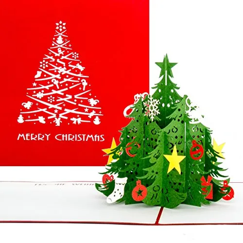 Pop-Up Karte "Tannenbaum - klassisch" in rot als Weihnachtskarte oder Geschenkkarte zum Advent oder Weihnachten mit englischem Schriftzug