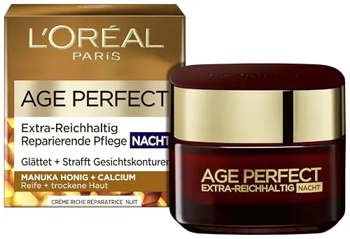 L'Oréal Paris Age Perfect Manuka Honig Nachtcreme 50 ml - Nachtcreme für sehr reife und trockene Haut mit Manuka Honig. Intensiv pflegend, mildert Knitterfalten und sorgt für geschmeidige Haut am Morgen.