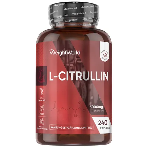 L-Citrullin 3000mg - 240 vegane Kapseln von WeightWorld - Aminosäure L-Citrullin mit 3000mg pro Portion, vegan und ohne Magnesiumstearat, ideal für Fitness und Wohlbefinden, 2 Monate Vorrat.