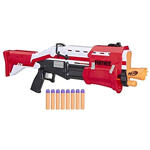 NERF Hasbro E7065EU4 TS Pump-Action Blaster, 8 Mega Fortnite Darts, Dartaufbewahrungsfach - Für Jugendliche und Erwachsene Rot
