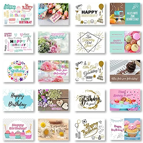 Domelo Geburtstagskarten 20er Set mit Umschlag, Happy Birthday Postkarten, Kraftpapier Karten zum Geburtstag, Geburtstagskarte für Mann/Frau/Kinder, Postkarte als Grußkarten (Set 2)