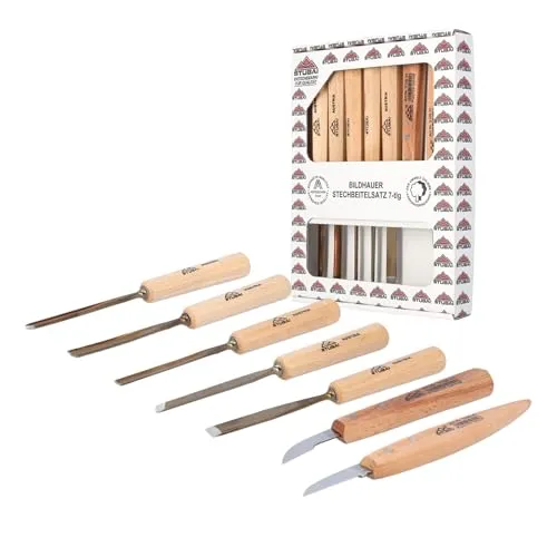STUBAI Schnitzersatzset Kerbschnitzmesserset Serie 52, 7-teilig - Balleisen & Hohleisen - Hohlbeitel-Set mit hochwertigen Klingen aus Spezial-Kohlenstoffstahl, ideal für präzise Holzschnitzereien und langlebige Nutzung dank stabiler, handgeschmiedeter Klingen.