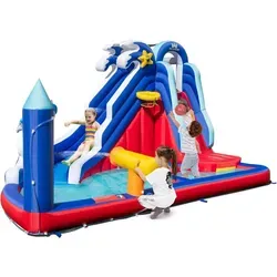 Costway Hüpfburg mit Rutsche - Outdoor Spielzeug für ultimativen Wasserspaß, inkl. Kletterwand und Ringwurfspiel für Geschicklichkeit und Spaß im Garten.