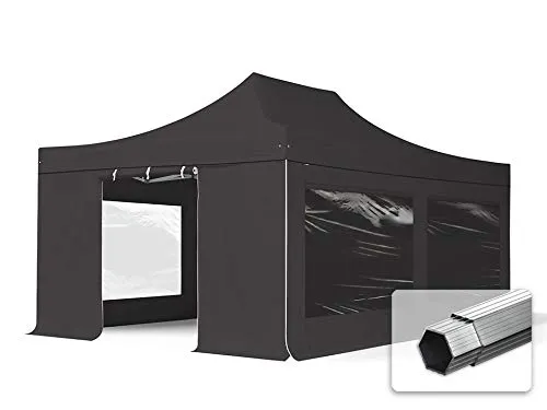 TOOLPORT 4x6m Aluminium Faltpavillon mit 4 Seitenteilen, schwarz - Pavillon für Events und Gastronomie, leicht und mobil, mit 100% wasserdichter Plane und 5-fach höhenverstellbar für höchsten Komfort und Schutz.