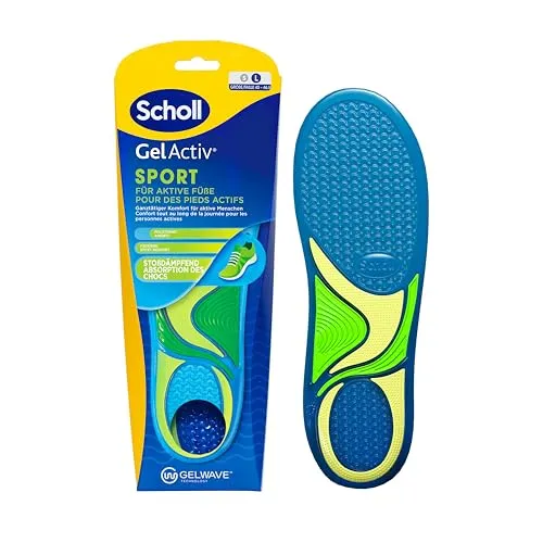 Scholl GelActiv Sport-Einlegesohlen für Männer, Komfort für aktive Tage - Die Scholl GelActiv Sport-Einlegesohlen bieten ganztägigen Komfort mit hervorragender Dämpfung dank GelWave-Technologie. Ideal für aktive Männer, um den Druck auf die Füße zu reduzieren und frische, bequeme Füße zu genießen.