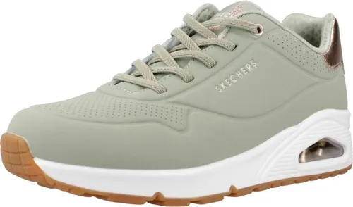SKECHERS UNO SHIMMER AWAY Slip-On Sneaker für Damen - Sportliche Sneaker aus Lederimitat in grün-sage mit modischem Keilabsatz und Skechers Air-Cooled Memory Foam für optimalen Tragekomfort. Ideal für Freizeit und Alltag.
