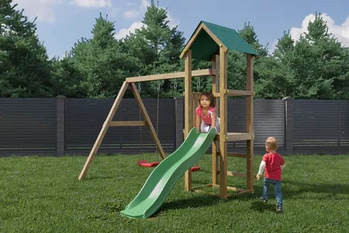 Fungoo Spielturm "Lucas" mit Doppelschaukel und Rutsche - Klettergerüst aus Nadelholz mit 1,7 m langer Rutsche und wasserabweisendem Dach, ideal für Abenteuer im Garten und geeignet für Kinder von 3-10 Jahren.