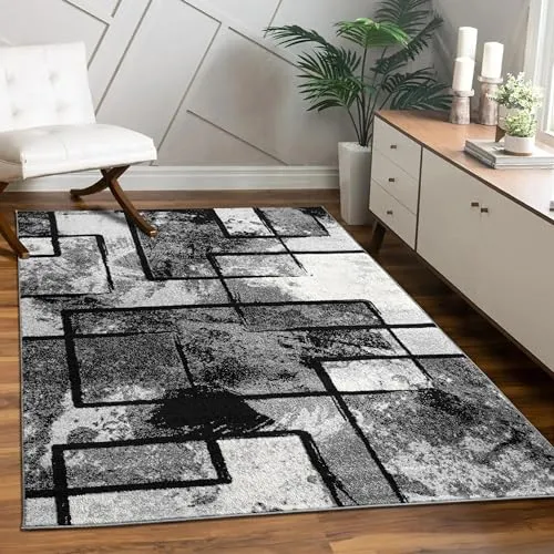 Paco Home Teppich Wohnzimmer Modern Kurzflor Abstrakt Gemälde Optik Schwarz Grau Anthrazit, Grösse:120x170 cm