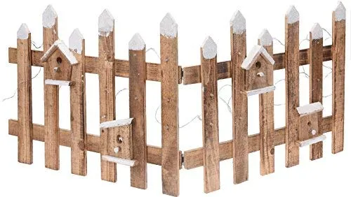 Spetebo Deko Holz Zaun mit 30 LED in natur - Mini Gartenzaun - Weihnachtsbeleuchtung: 100x40 cm großer Mini Holz Zaun in Winter Optik, beleuchtet mit 30 warmweißen LEDs für eine stimmungsvolle Atmosphäre im Garten.