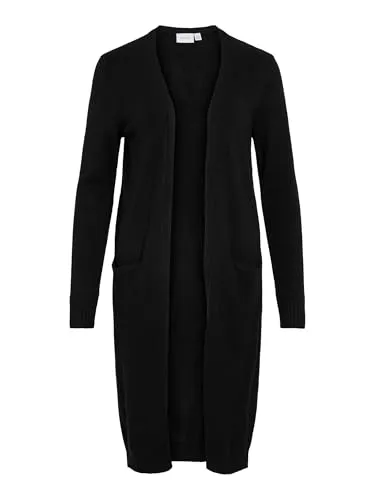 Vila Clothes Damen Strickjacke VIRIL L/S Long Knit Cardigan - Einfarbig Schwarz, Gr. 34 (XS) - Strickjacken für Damen, stilvolle lange Strickjacke mit praktischen Taschen und eleganter Passform für jeden Anlass.
