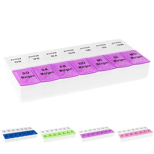 WELLGRO Tablettenbox für 7 Tage - Persönlicher Tabletten-Organizer mit 14 Fächern, leicht zu öffnen und ideal für unterwegs, große und gut lesbare Tagesbezeichnungen für eine einfache Handhabung.