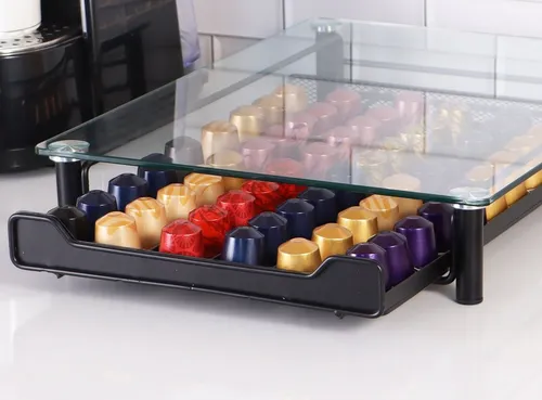 Rungassi Kapselhalter für Nespresso Kapseln - Kapselspender aus Metall und Glas, bietet Platz für 60 Kapseln und sorgt für Ordnung in Ihrer Küche.