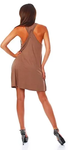 Wil Damen Sommerkleid mit überkreuzten Schlaufen Sommer Kleid Minikleid Top Tunika Trägerkleid schulterfrei rückenfrei Kakao L
