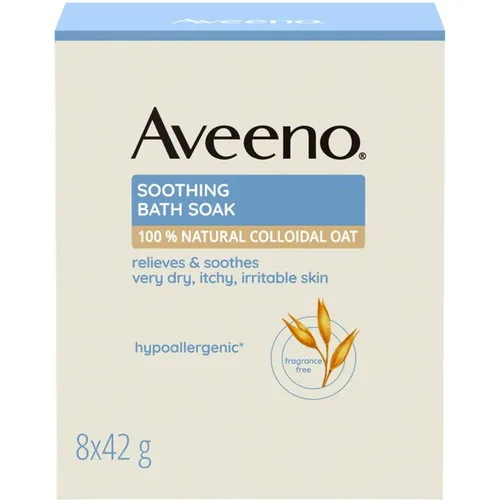 AVEENO Beruhigender Badezusatz 8x42 g – Entspannung für empfindliche Haut - AVEENO Beruhigender Badezusatz 8 x 42 g für eine sanfte Hautpflege. Mit natürlichem kolloidalem Hafer, ideal für sehr trockene und empfindliche Haut. Genießen Sie ein entspannendes Bad mit feuchtigkeitsspendenden Eigenschaften.
