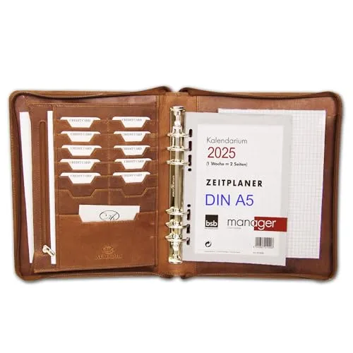 ALMADIH Ledermappe A5 - Premium Leder Organizer für Kalender 2025 - Personal Organizer aus hochwertigem Rindsleder mit Ringmechanik, ideal für Meetings. Inklusive A5 Schreibblock und vielseitigen Fächern für Visitenkarten und Dokumente.
