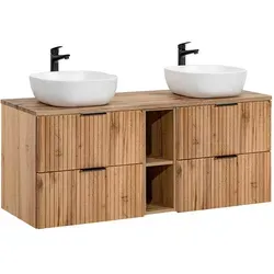 Petits-meubles Doppelwaschtisch 140,8 cm - Eichenoptik - Eleganter Doppelwaschtisch aus Holzwerkstoff mit 4 geräumigen Schubladen und geräuscharmem Schließsystem. Ideal für modernes Badezimmerdesign, inklusive zwei Aufsatzwaschbecken.