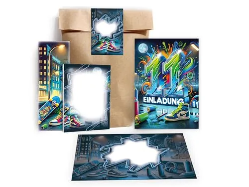 Einladungskarten zum 11. Kindergeburtstag Graffiti Street Art Party Einladung Geburtstag Mädchen Kinder Jungen Mitgebsel inkl. 12 Umschläge, 12 Tüten, 12 Aufkleber, 12 Lesezeichen, 12 Blöcke 12