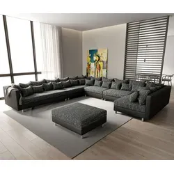 DELIFE Wohnlandschaft Clovis XXL Schwarz - Modulares Design Sofa mit Hocker - Sofa in XXL mit flexiblem, modularem Konzept für individuelle Anpassung. Inklusive 32 Kissen für ultimativen Komfort, ideal für gemütliche Stunden.