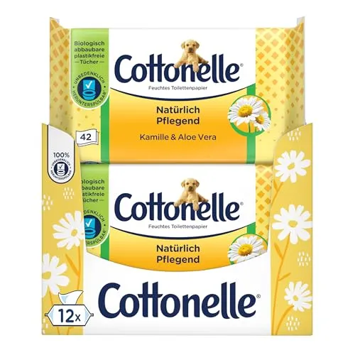 Cottonelle Feuchtes Toilettenpapier, Natürlich Pflegend - Kamille & Aloe Vera, Biologisch Abbaubar, Plastikfrei, Wiederverschließbar, Vorteilspack, 12 x 42 Feuchttücher