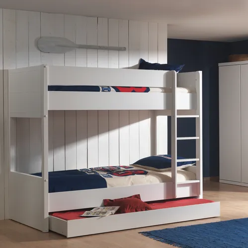 Vipack Etagenbett Lara - Betten für Kinder, aus weiß lackiertem MDF, hohe Stabilität und zeitloses Design mit dekorativen Einfräsungen für ein stilvolles Kinderzimmer.