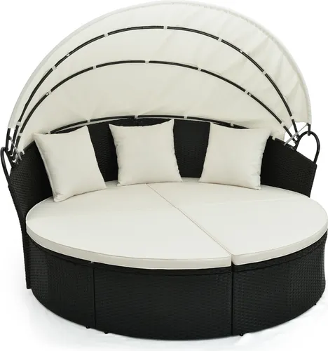 COSTWAY Sonnenliege Rattan mit Baldachin - Sonneninsel für 2-3 Personen, geräumiges Design mit einziehbarem Baldachin für optimalen Sonnenschutz und gemütliche Kissen für höchsten Komfort im Freien.