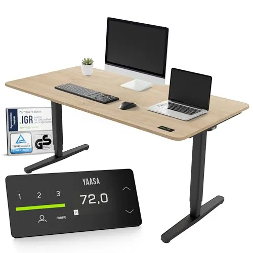 Yaasa Desk Pro Schreibtisch | elektrisch höhenverstellbar mit schwarzem Gestell - Kinderschreibtische mit ergonomischer Höhenverstellung von 64 bis 129 cm für gesundes Arbeiten. Elegantes Design und einfache Bedienung durch ErgoTouch Handschalter.