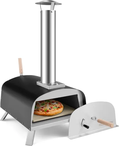 Tragbarer Pizzaofen Outdoor mit 13-Zoll-Pizzastein - Grillofen mit abnehmbarem Schornstein, ideal für perfekte Pizzen im Freien, aus robustem Stahl gefertigt.