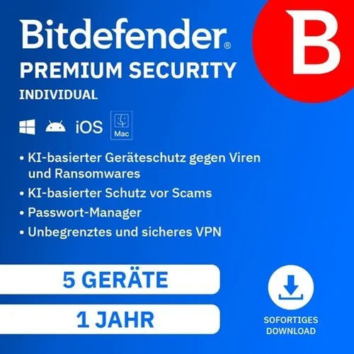 Bitdefender Premium Security Individual - 5 Geräte - 1 Jahr (ESD) - Hochwertige Antivirus- und Internet-Sicherheitslösung für bis zu 5 Geräte. Schützen Sie Ihre Daten effektiv und genießen Sie digitale Sicherheit auf allen Plattformen.
