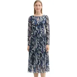 TOM TAILOR Damen Midi Mesh-Kleid - Organic Shapes Design, 35892 - Freizeitkleid aus recyceltem Polyester mit transparenten Ärmeln und Cut-Out am Rundhalsausschnitt. Ideal für zahlreiche Anlässe von Freizeit bis Hochzeit.