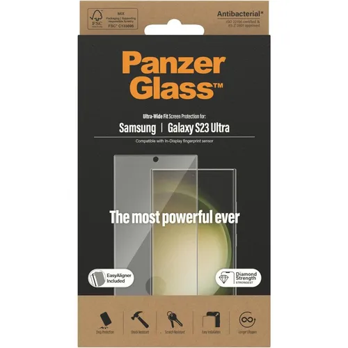 PanzerGlass Displayschutzfolie 7317 Ultra-Wide Fit für Samsung Galaxy S23 Ultra - Smartphone Zubehör mit Ultra-Wide Fit, schützt die komplette Vorderseite und bekämpft 99,99% der Bakterien. Einfache Montage mit Montagerahmen.