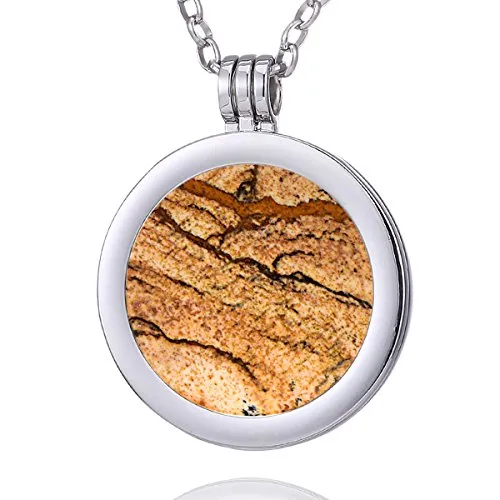 Morella Damen Halskette 70 cm Edelstahl und Anhänger mit Edelstein Bilderjaspis Coin 33 mm Chakren Scheibe in Schmuckbeutel