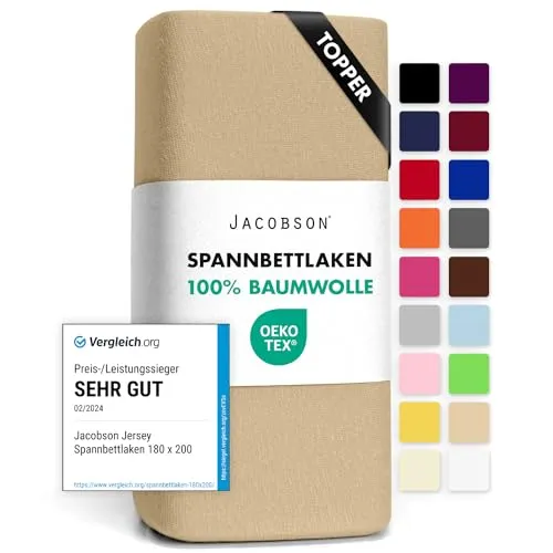 Jacobson Jersey Spannbettlaken Spannbetttuch Baumwolle Bettlaken (Topper 180-200x200 cm, Beige)