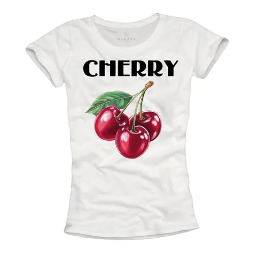 MAKAYA T-Shirt mit Kirschen Damen Cherry Top Sommer Oberteile Print Motiv Sexy Outfit Frauen Tshirt Weiß XL