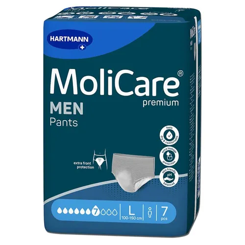 Hartmann MoliCare Premium MEN PANTS 7 Tropfen L - Sparpaket (4 x 7 Stück) - Anatomisch geformte Einweghosen für Männer mit mittlerer Blasenschwäche. Diskrete und bequeme Passform für mehr Bewegungsfreiheit im Alltag. Hautfreundlich und dermatologisch getestet, in Größe M und L erhältlich.