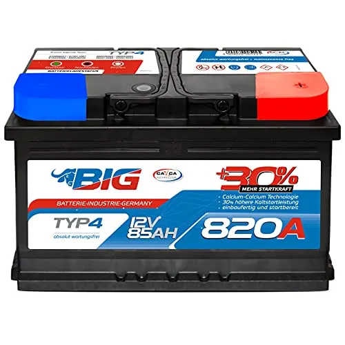 BIG Autobatterie 12V +30% mehr Startleistung 85Ah 820A/EN wartungsfreie Bleisäure Starterbatterie ersetzt 80Ah 82Ah