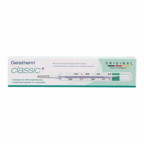 Geratherm classic+ Glasthermometer mit Aufbewahrungshülle - Fieberthermometer mit Aufbewahrungshülle für hygienische Aufbewahrung, präzise Messung und ideal für den Einsatz zu Hause.