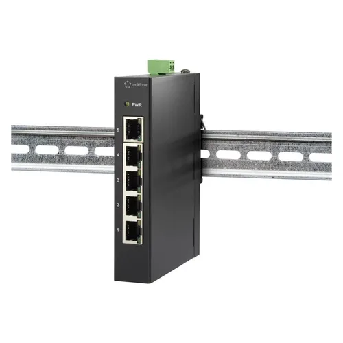 Renkforce 5 Port Fast Ethernet Switch für Hutschiene - Industrieller Netzwerk-Switch mit IP-30 Schutzgehäuse, ideal für Hutschienenmontage. Alarmfunktion bei Link-Fehler und Spannungsüberwachung für maximale Sicherheit.