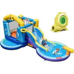 Costway Ozean-Hüpfburg, Mehrfarbig, 290x220x490 cm - Spielplätze - Attraktive ozean-thematische Hüpfburg aus langlebigem PVC, ideal für sicheres Spielen und Bewegung im Freien, schnell aufzublasen und mit Sicherheitsnetzen für zusätzlichen Schutz.