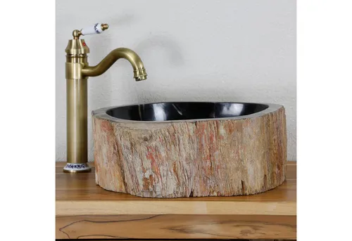 Casa Moro Fossiles Holz Waschbecken – Einzigartiges Naturstein Aufsatzwaschbecken für Spa & Badezimmer - Elegantes Waschbecken aus fossilem Holz in Braun/Schwarz, ideal für stilvolle Badezimmer. Mit kompakten Maßen von 35 cm Breite und 15 cm Höhe, einfach in einen Unterschrank montierbar.