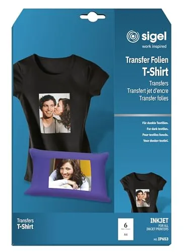 sigel T-Shirt Inkjet Transfer Folien für dunkle Textilien DIN A4 – 6 Blatt - Hochwertige Transferfolien für dunkle Textilien im DIN A4 Format. Ideal für kreative Projekte und einfache Anwendung – für individuelle Designs und langlebige Ergebnisse.