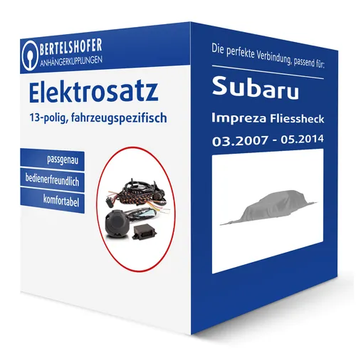 Elektrosatz 13-pol für SUBARU Impreza Fliessheck 2007-2014 - Fahrzeugspezifischer Elektrosatz mit Blinkerüberwachung, ideal für Anhängerkupplungen. Inkl. Montagematerial und Anleitung für einfachen Einbau.