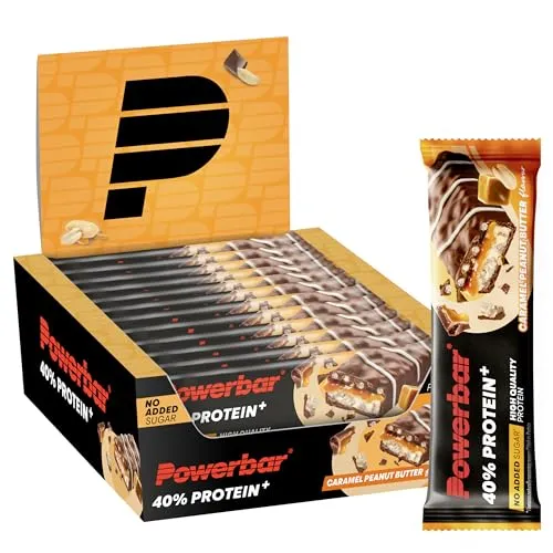 Powerbar 40% Protein+Crisp Riegel - Caramel Peanut Butter - 12x40g - Proteinriegel mit 40% Protein für Muskelaufbau, nur 0,8-1,4g Zucker pro Riegel und köstlicher Karamell-Peanut-Butter-Geschmack – ideal als Snack nach dem Training!
