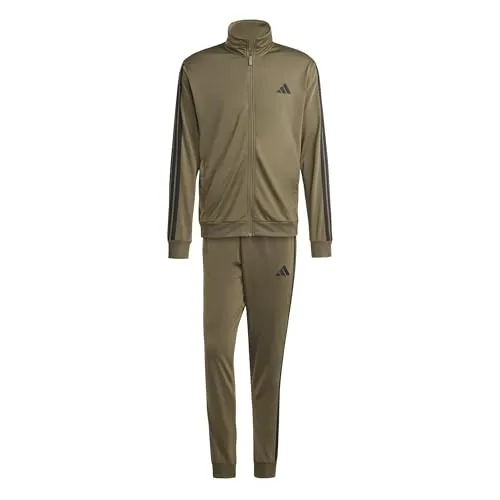 adidas Herren SPORTSWEAR BASIC 3 STRIPES TRICOT TRACKSUIT - Olive Strata, XXL - Kleidung - Bequemer Trainingsanzug aus 100 % recyceltem Polyester mit praktischen Taschen und stylishem Stehkragen für optimalen Tragekomfort.