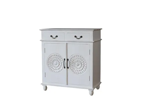 Baario Kommode BLATO Shabby Weiß mit Schnitzerei - Romantische Kommode im Shabby-Chic mit 2 Schranktüren und 2 Schubladen. Handgefertigte Schnitzerei in Blütenform und massives Mangoholz garantieren Langlebigkeit und einen zeitlosen Blickfang.