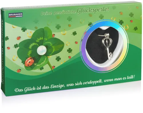 BRUBAKER Perlenketten-Set Wunschperle "Glück" (Muschel mit echter Perle als Schmuck Geschenkset für die Freunde und Familie - Grün mit Kleeblättern, Set), Halskette mit Silber Schlüssel Anhänger
