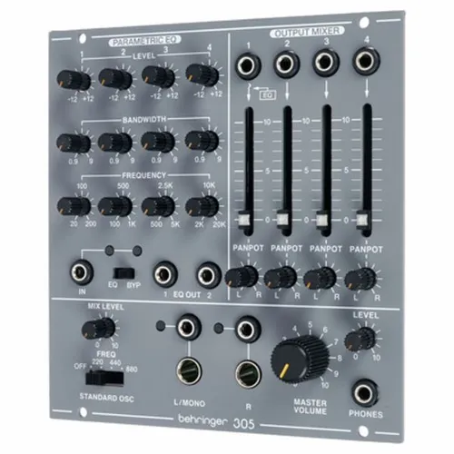 Behringer 305 EQ/Mixer/Output - Eurorack Modul für Synthesizer; 4-Kanal Mixer mit EQ und Stimm-Oszillator für kreative Klanggestaltung; ideal für Musikproduzenten und Live-Performances.