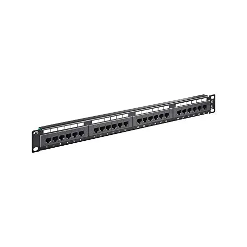 CAT 5e 19-Zoll Patch Panel 24 Port UTP ungeschirmt schwarz - 24 Anschlüsse für effiziente Netzwerkanbindung, ideal für strukturierte Verkabelung in professionellen Umgebungen.